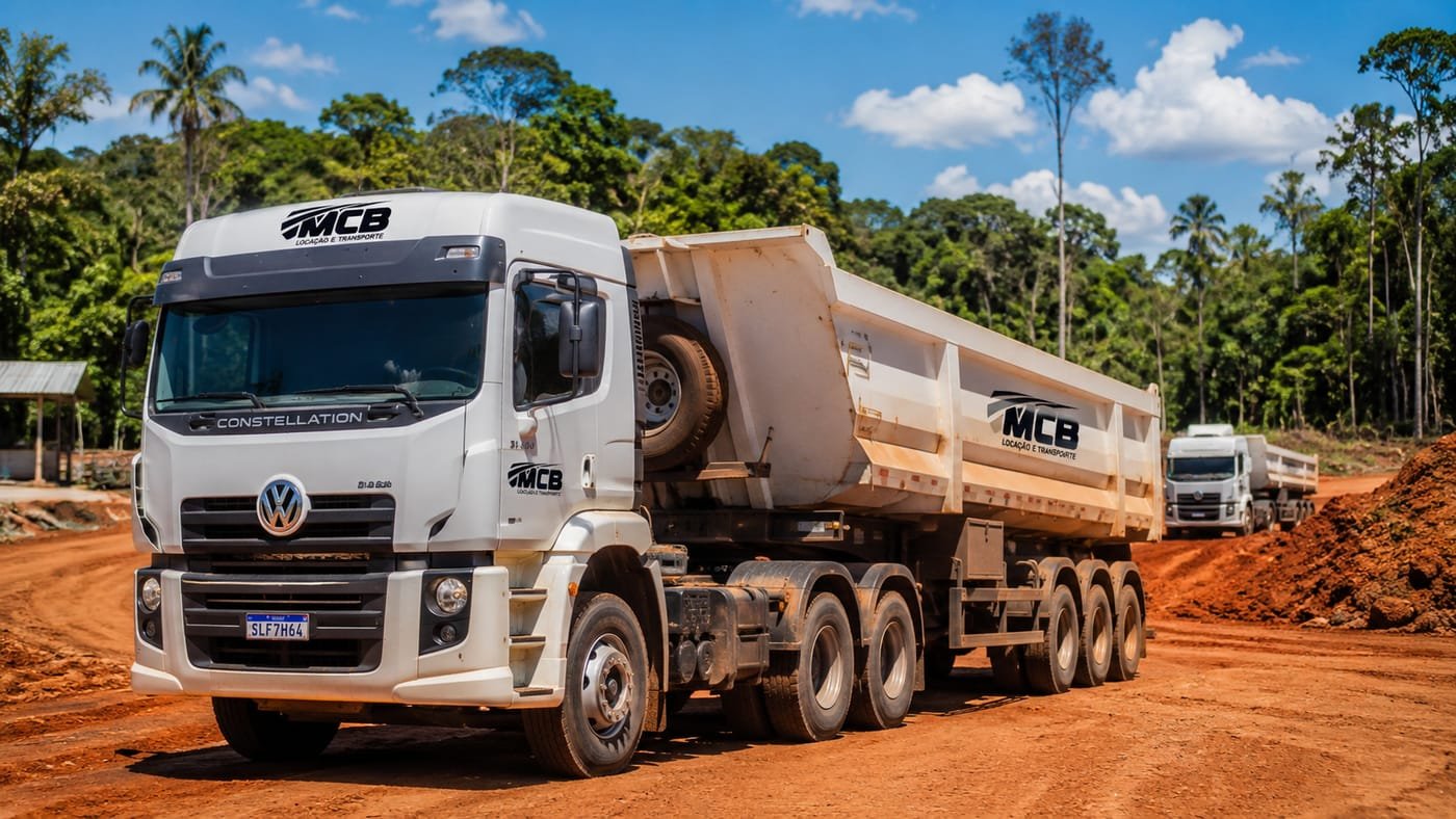 Caminhão caçamba da frota da MCB Locação e Transporte