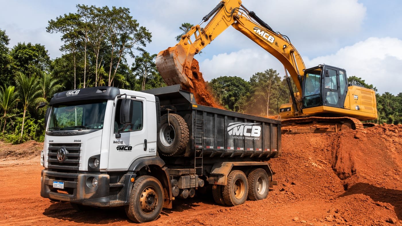 Escavadeira carregando caminhão caçamba da MCB em terraplanagem