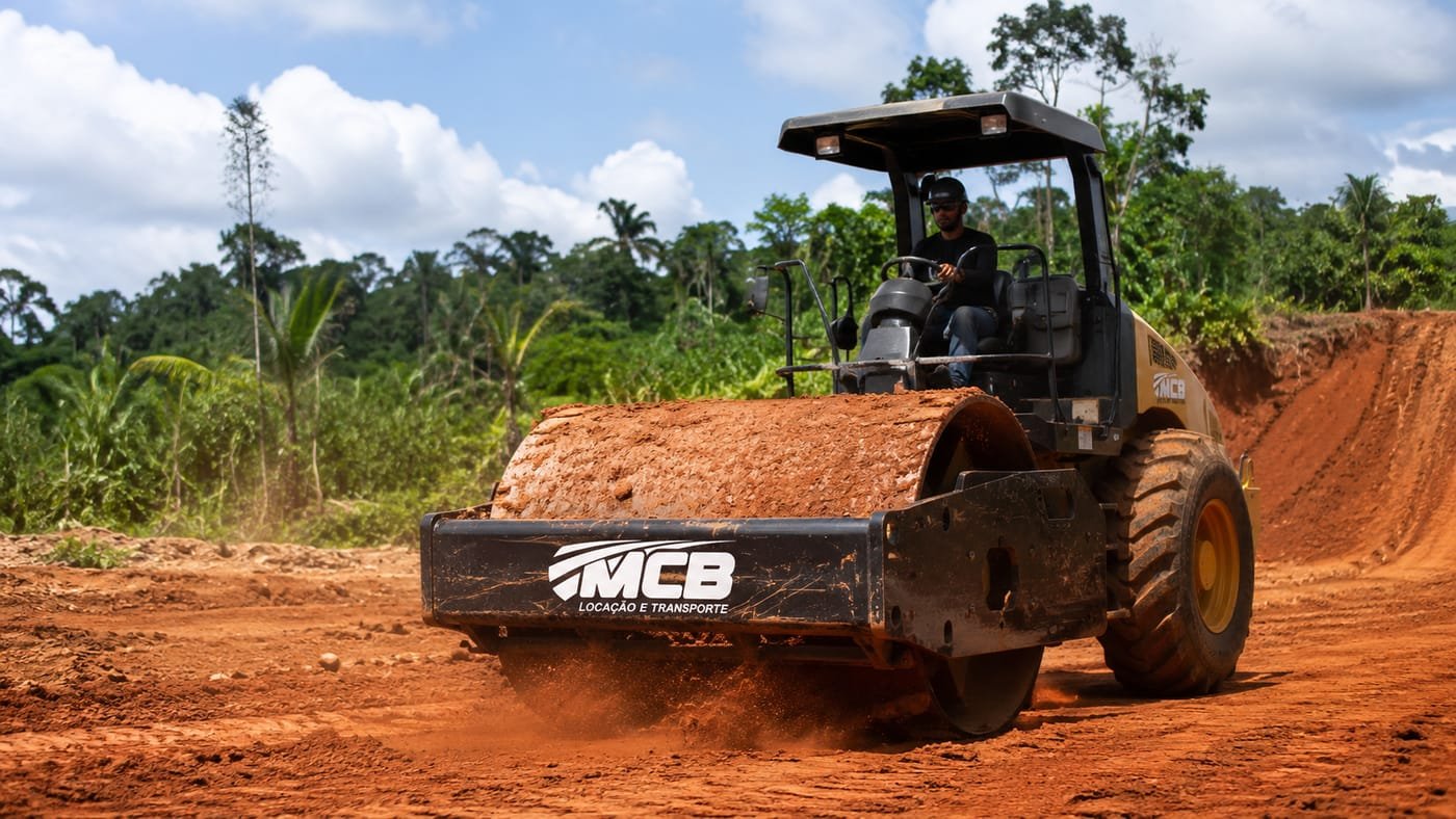 Rolo compactador da MCB compactando solo em estrada