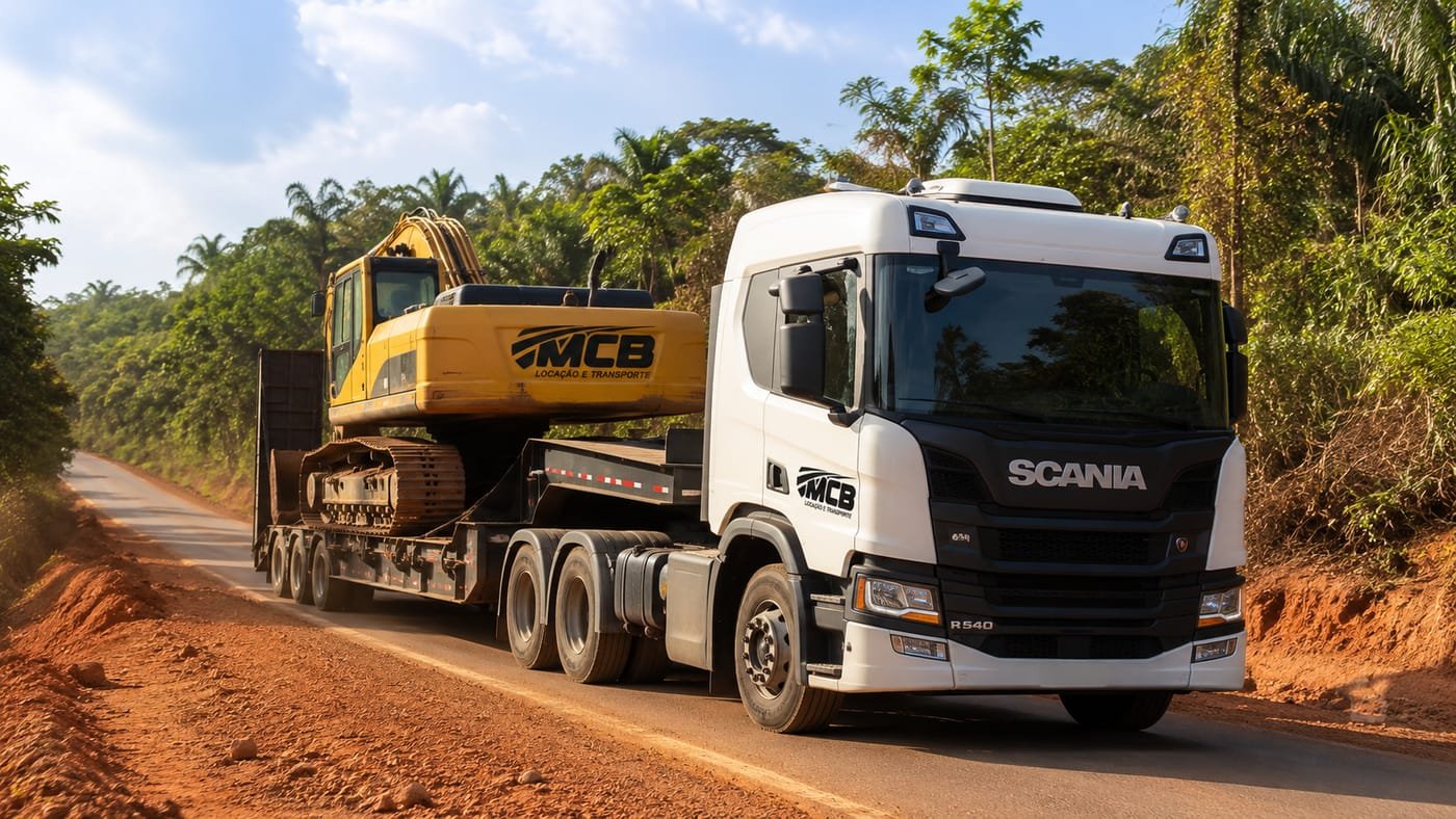 Caminhão Scania da MCB transportando escavadeira em prancha